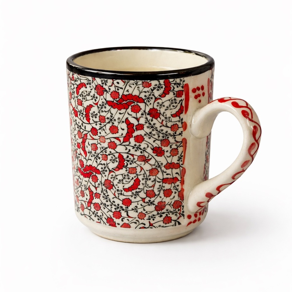 Nakkas Cini Traditional Turkish Hand-Painted Ceramic Mug – Red & White Floral